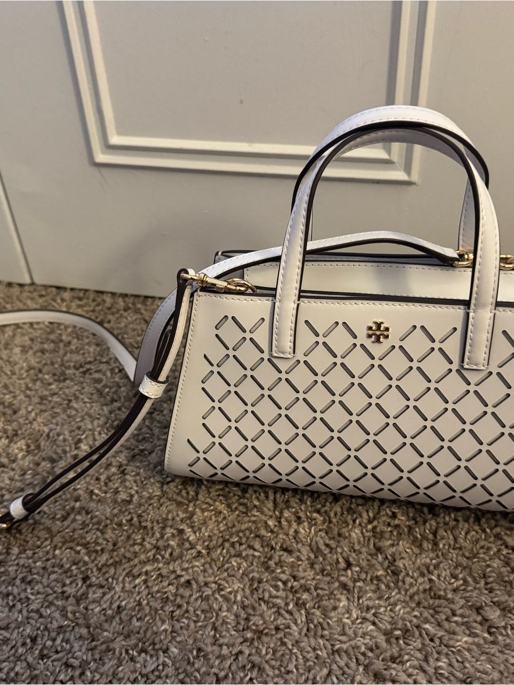 NWOT Tory Burch Laser Cut White Satchel with Gold Hardware